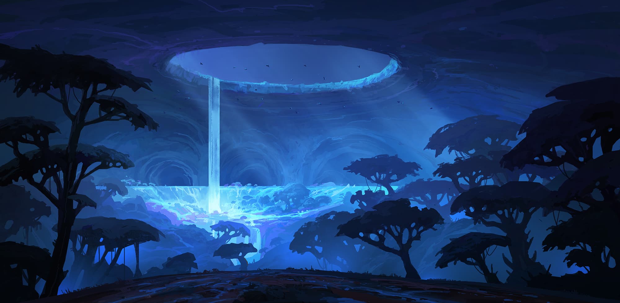An underground forest and its waterfall